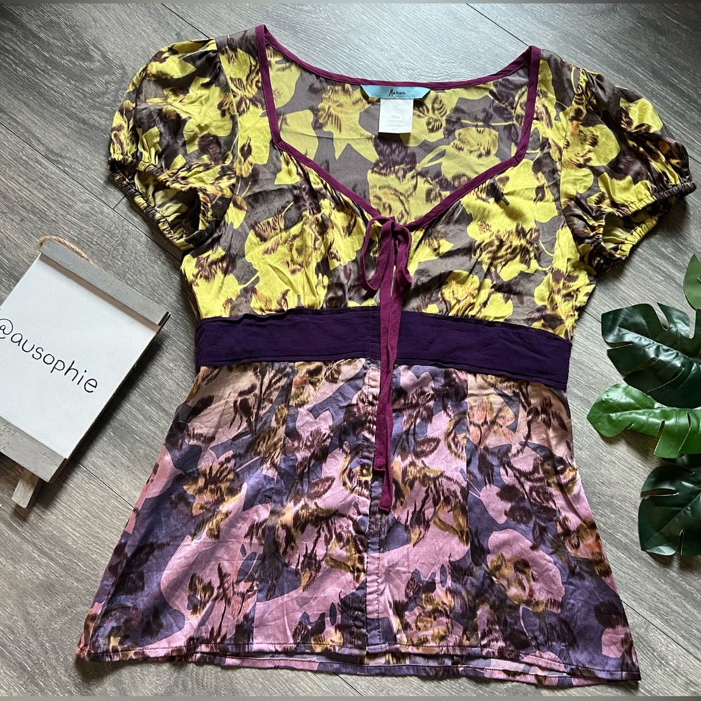 Marciano Silk Milkmaid Floral Ombre V Neck Y2K Puff Sleeve Blouse sz S